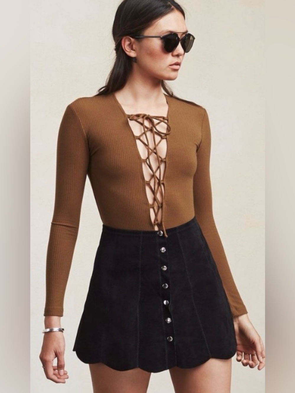 Reformation Avalon Ribbed Lace Up Long Sleeve Cocoa Brown Bodysuit EUC Size M